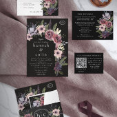 Elegant Dark Floral Cascade Black Burgundy All In One Uitnodiging