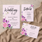 Romantische roze violette bloemenbruiloft informatiekaartje (Personaliseer de collectie van deze zelfstandige maker.)