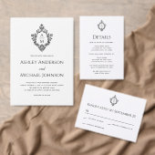Crest Wedding Monogram  Zwart en Wit Uitnodigingen Wikkel (Personaliseer de collectie van deze zelfstandige maker.)