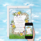 Wilde bloemen tegen een blauwe hemel all in one uitnodiging