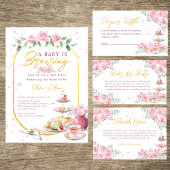 Roze Bloemen Tea Party Baby shower Luier Raffle Informatiekaartje