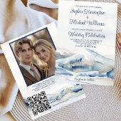 Dusty Blue Mountains Wedding Invitation QR Code Kaart