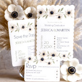 Elegante Waterverf Ivoor Navy Blue Anemone Wedding Kaart