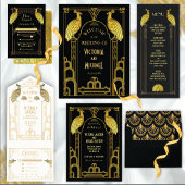 Art Deco Gold en Black Peacock Bruiloft menukaart