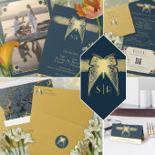 Art Deco Vlinder Monogram Blauw en Gouden Bruiloft Gastenboek