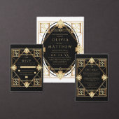 Black & Gold Modern Art Deco Wedding Invitation Kaart (Personaliseer de collectie van deze zelfstandige maker.)