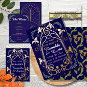 Art Nouveau Gold Blue Botanical Bewaar de datum Folie Uitnodiging