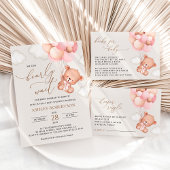 Baby Beer, teddybeer, roze ballonnen, Baby shower All In One Uitnodiging