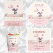 Schattige Roze Meisje Olifant 1e Verjaardagsfeest Papieren Bordje