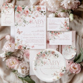 Vlinder Baby in Bloom Roze Bloemen Baby shower Acryl Uitnodigingen