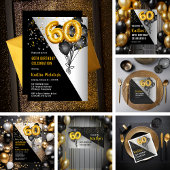 Balloons Elegant Black | Gouden 60e verjaardag Acryl Uitnodigingen