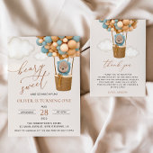 Schattige Beer, Blue Balloons, Eerste Verjaardag All In One Uitnodiging