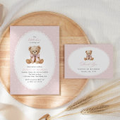 Teddybeer, Strik, Roze Stippen, Eerste Verjaardag Cadeaulabel