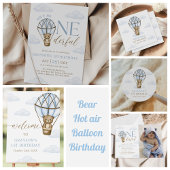 Blauw Beer Hete Luchtballon Jongens 1e Verjaardag Kaart