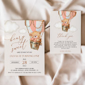 Teddybeer, roze heteluchtballon, eerste verjaardag all in one uitnodiging