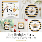 Modern Black Yellow Stripes Bee Birthday Party Waterfles Etiket