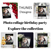 Foto collage zwarte witte verjaardagsfeestje, welk reclamebord met voetstuk