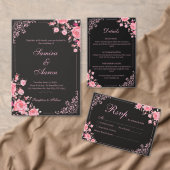 Zwart & Roze Bloemen Bruiloftsinvitation Kaart (Personaliseer de collectie van deze zelfstandige maker.)