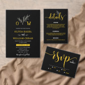 Elegante Botanische Zwart en Gouden Monogram Bruil Kaart (Personaliseer de collectie van deze zelfstandige maker.)