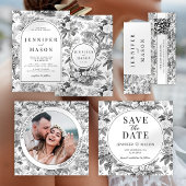 Zwarte chinoiserie bloemenbruiloft programma kaart