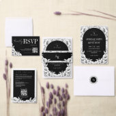 Boog Zwart Witte Bloem Rustieke Monogram Trouw  Kaart (Personaliseer de collectie van deze zelfstandige maker.)