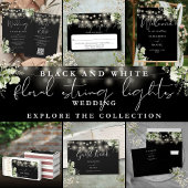Floral String Lights Zwart-wit bruiloft RSVP Kaartje