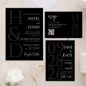 Modern Minimalist Black and White Monogram Wedding Wijn Etiket