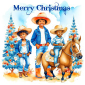 Zwart Cowboy Cowgirl Kinder met Paardenkerst Keramisch Ornament