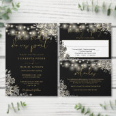 Gothic Zwart en Goud Rozen Lights QR Code Bruiloft All In One Uitnodiging (Personaliseer de collectie van deze zelfstandige maker.)