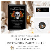 Black Gothic Floral Skull Halloween Invitation Kaart