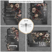 Zwart Moody Gotische Bloemen & Mist Bruiloft Bedankkaart