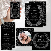 Zwart bloemenmoderne bruiloft RSVP QR-codekaarten Informatiekaartje