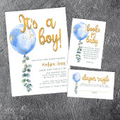 Het is een Boy Blue Balloon Baby shower Gold Scrip Kaart