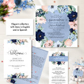 Elegant Blauw en Roze Bloemen Quinceañera Kaart