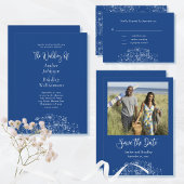 Mooi blauwe witte wilde bloem boho menu bruiloft R
