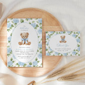 Teddy Bear, Blue Bow, Blue Flowers, First Birthday Vierkante Sticker