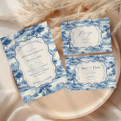 Blue Chinoiserie Porcelain Botanical Peony Wedding All In One Uitnodiging