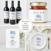 Blue Watercolour Floral and Butterflies Wedding  Wijn Etiket