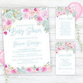 Baby in Bloom Blauw Roze Perzik Bloemen Baby showe Kaart