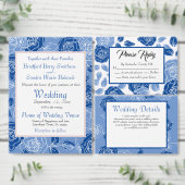 Stoffig Blauw Elegant Wit Bloemen patroon Bruiloft Informatiekaartje (Personaliseer de collectie van deze zelfstandige maker.)