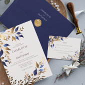 Elegant groen blad blauw goud moderne bruiloft kaart