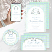 Blauw groen schommelend paard gingham baby boy dou ronde sticker