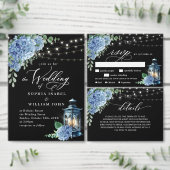 Blue Hydrangea Lantern Black Boho Photo Wedding Bedankkaart (Personaliseer de collectie van deze zelfstandige maker.)