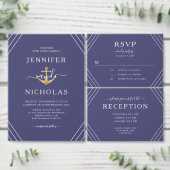 Nautical Stripes Gold Anchor Wedding Blue Plaatskaartje (Personaliseer de collectie van deze zelfstandige maker.)