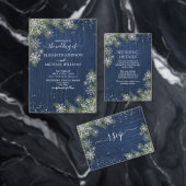 Blue Silver Winter Wood Pset Rustic Wedding All In One Uitnodiging (Personaliseer de collectie van deze zelfstandige maker.)