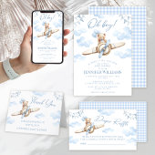 Blue Airplane Teddy Bear Baby shower Luier Raffle Informatiekaartje