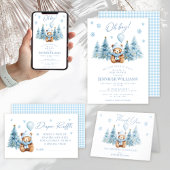 Blauwe Winter Teddy Bear Pine Trees Baby Boy Showe Bedankkaart