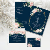 Blush Floral Navy Flat Save the Date Kaart