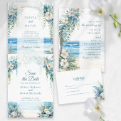 Boho Blue Floral Arch Beach Save the Date Kaart