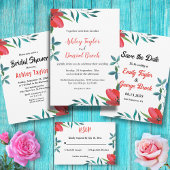 Zwarte en witte wilde bloem rode rode roze bruilof all in one uitnodiging